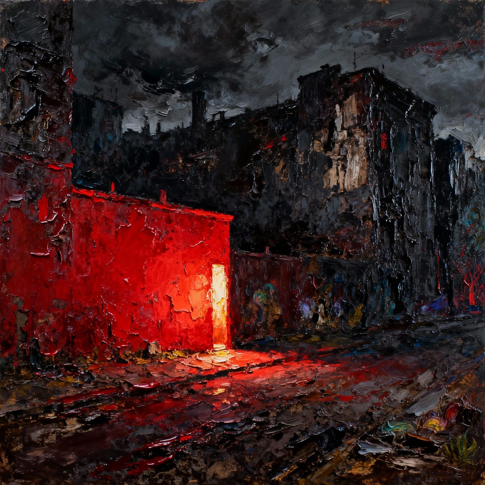 Expressive Red Wall Painting in Urban Gloom