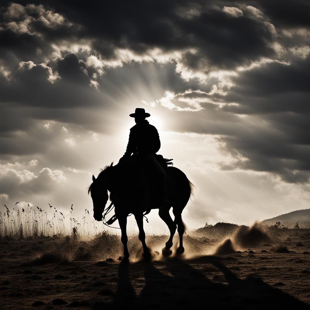 Dramatic Backlit Silhouette of a Man on Horse