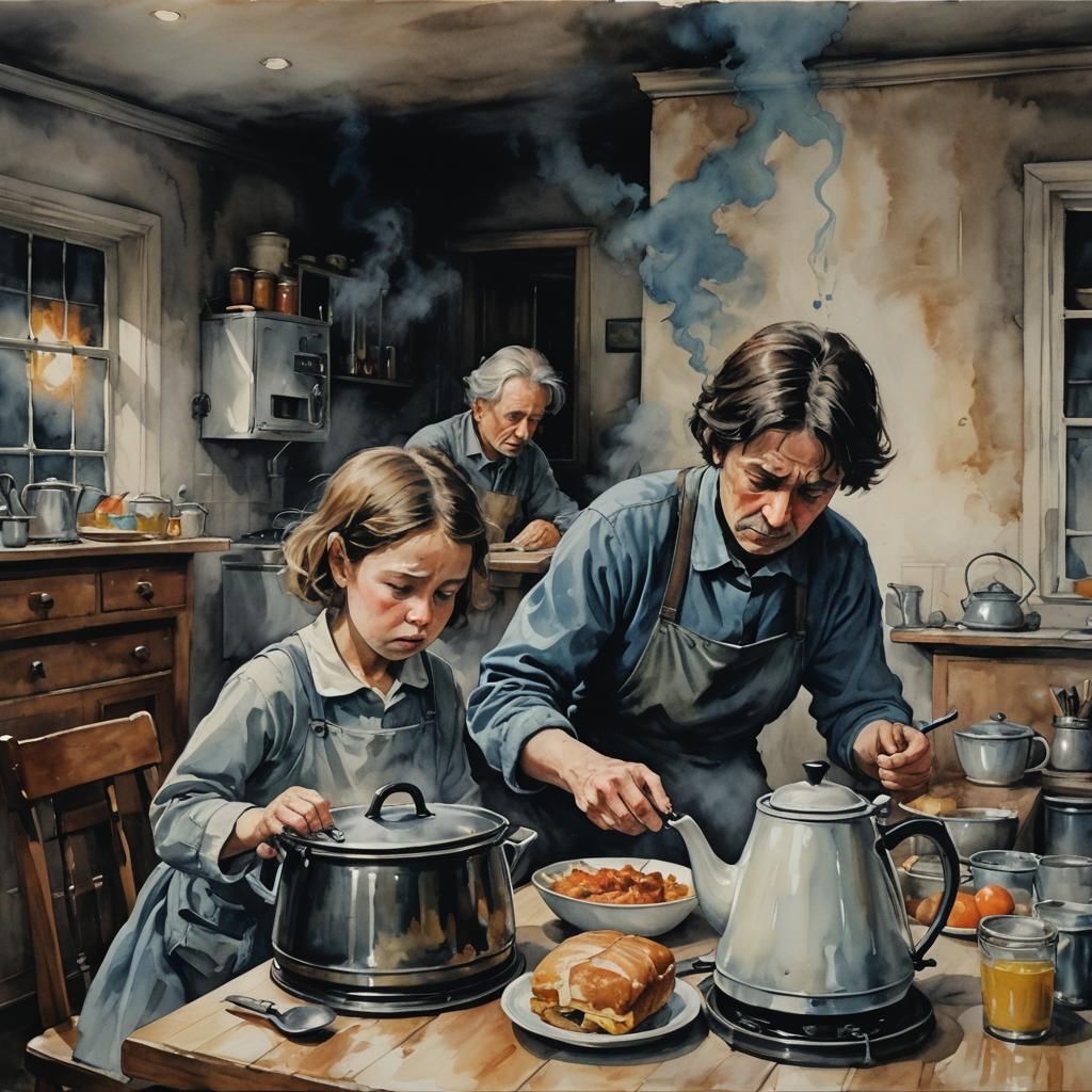 Tense Domestic Scene in Gouache Style