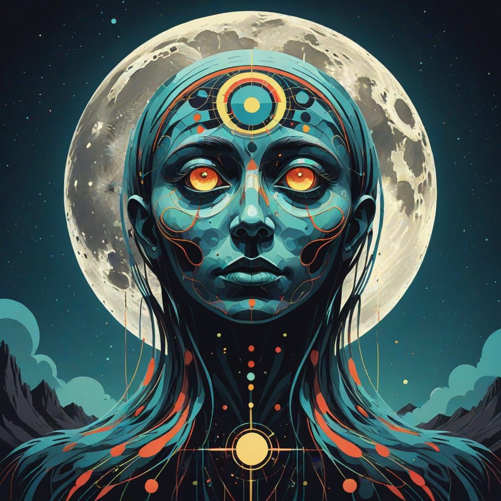 Abstract Full Moon Night Spirit in Pop Art Style