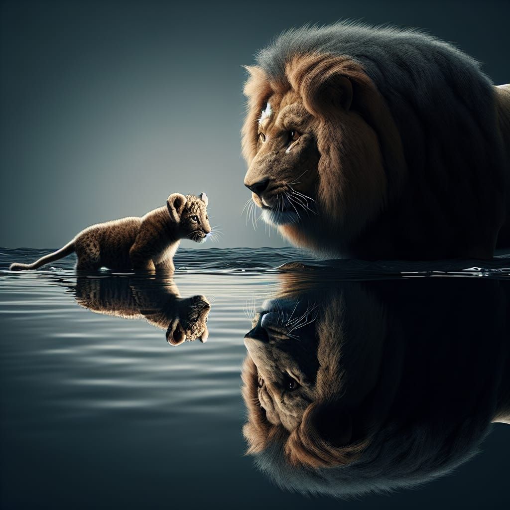 Lion Cub Contemplates a Majestic Reflection in Water, in Hyp...