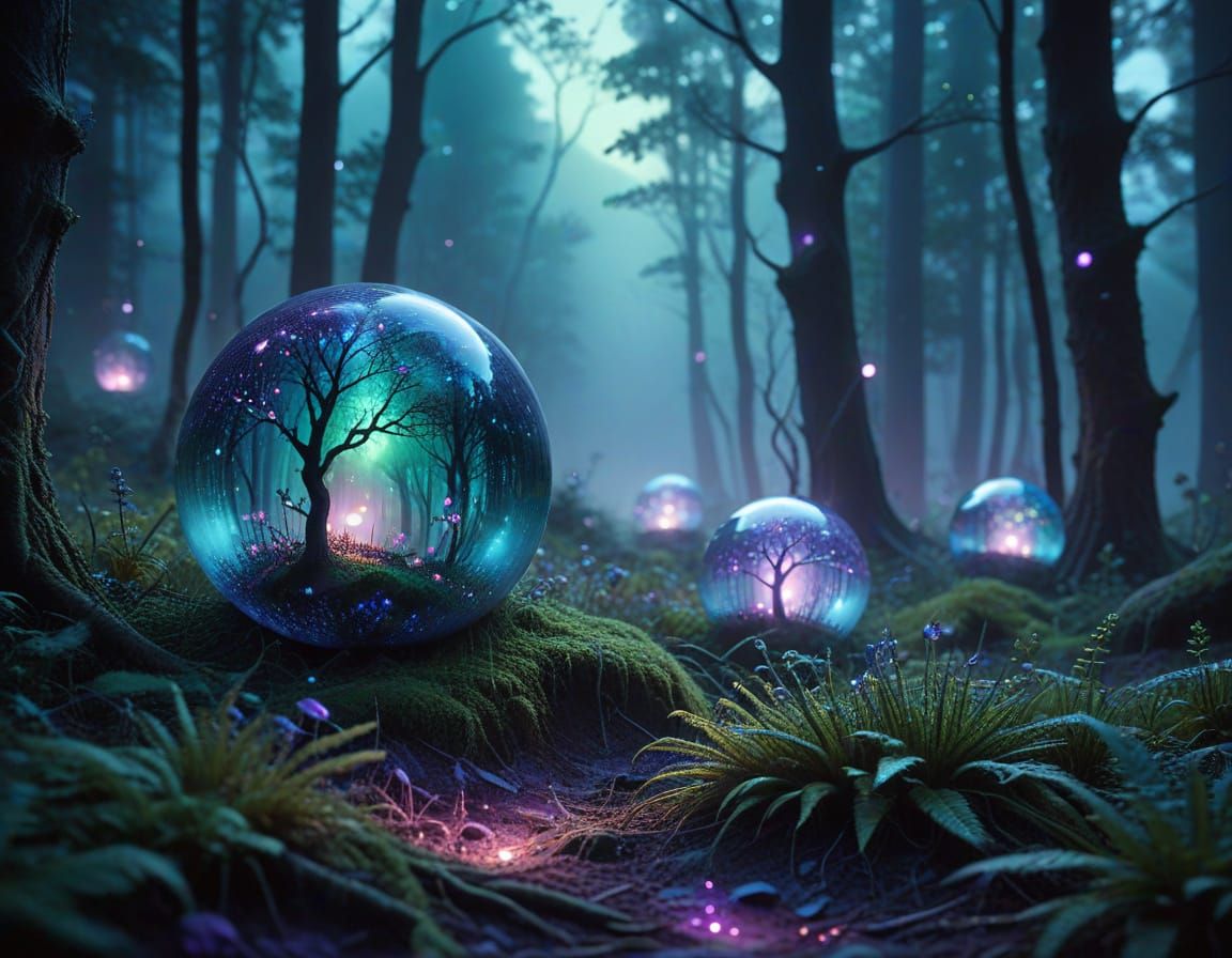 Ethereal Twilight: Luminous Orbs in Dreamlike Forest