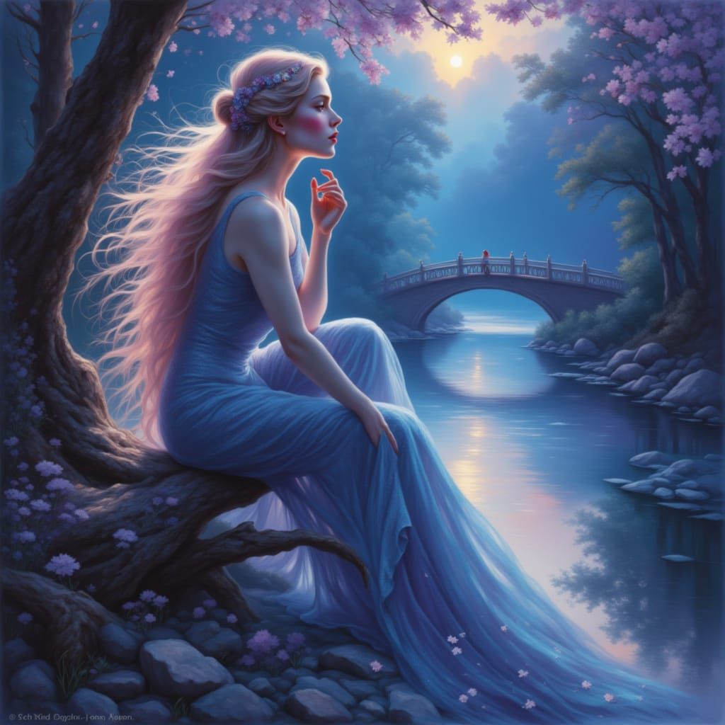 Ethereal Woman in Pastel Twilight Landscape
