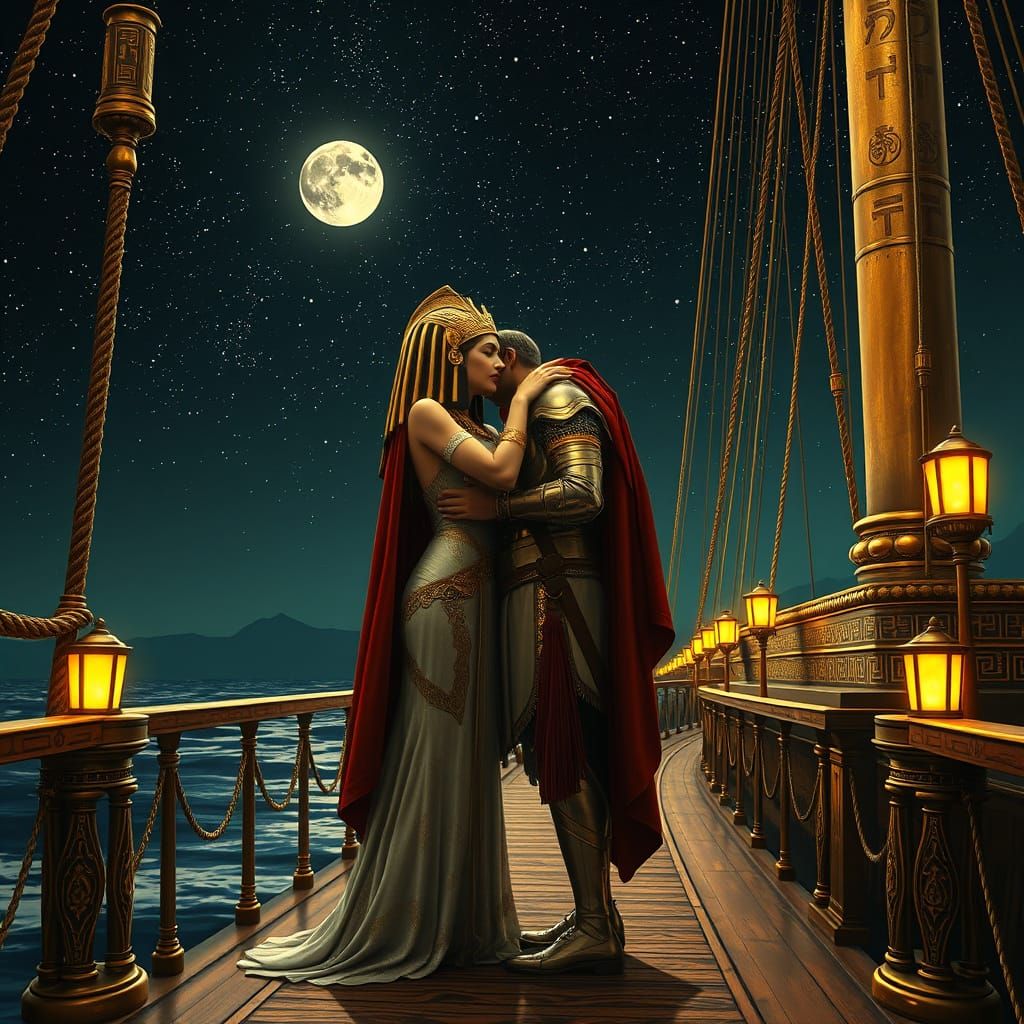 Egyptian Queen Kissing Roman Soldier Under Starry Night
