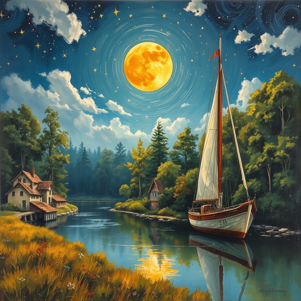 River Scene with Sailboat in Impasto Brushwork Style