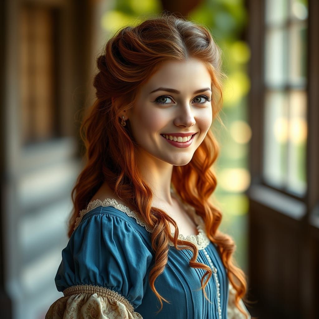 Victorian Lady Smiles in Reddish Orange Hair, 1883 Era Dress