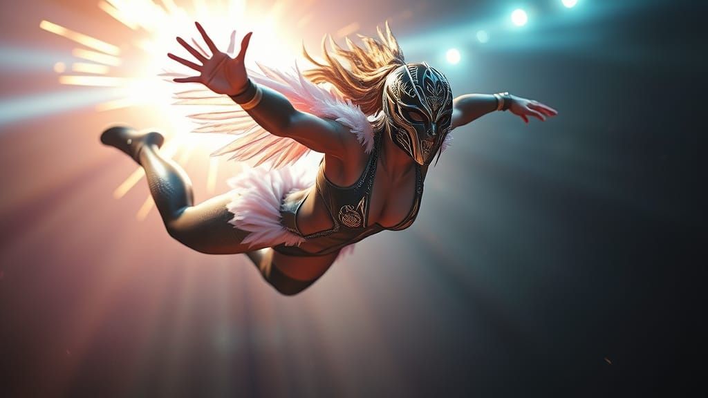 Fantasy Female Wrestler Leaps Through Electric Light in High...