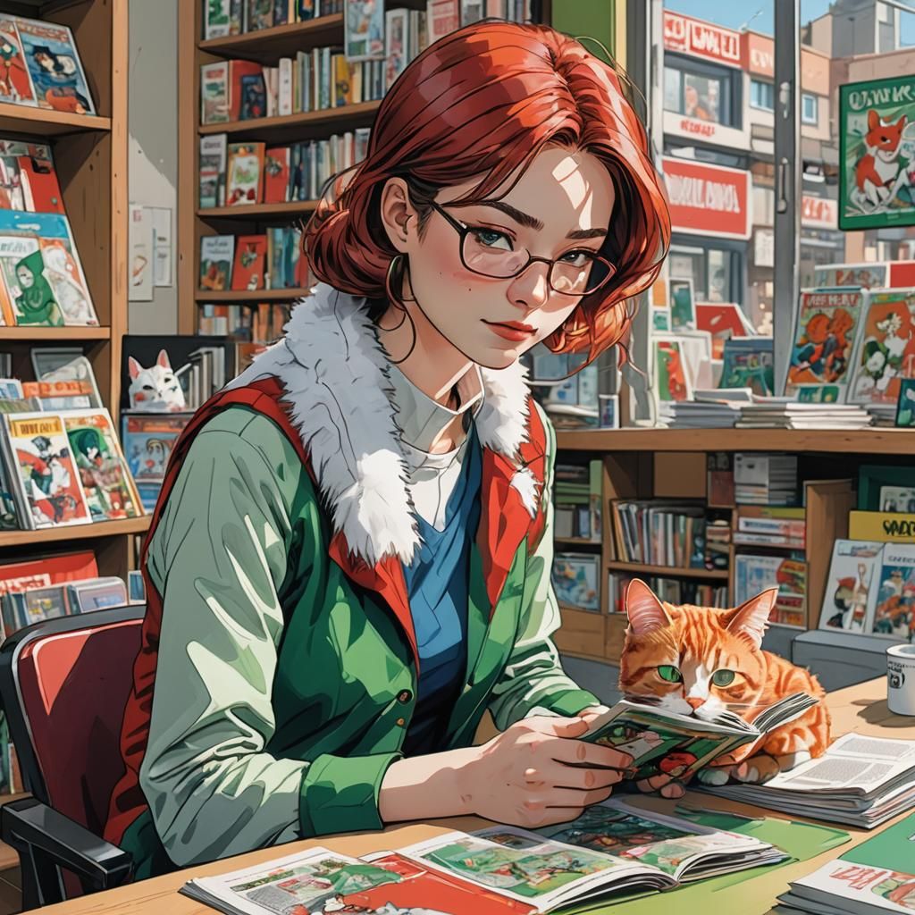 Woman Reading Comic Book with Cat, Manga Illustration
