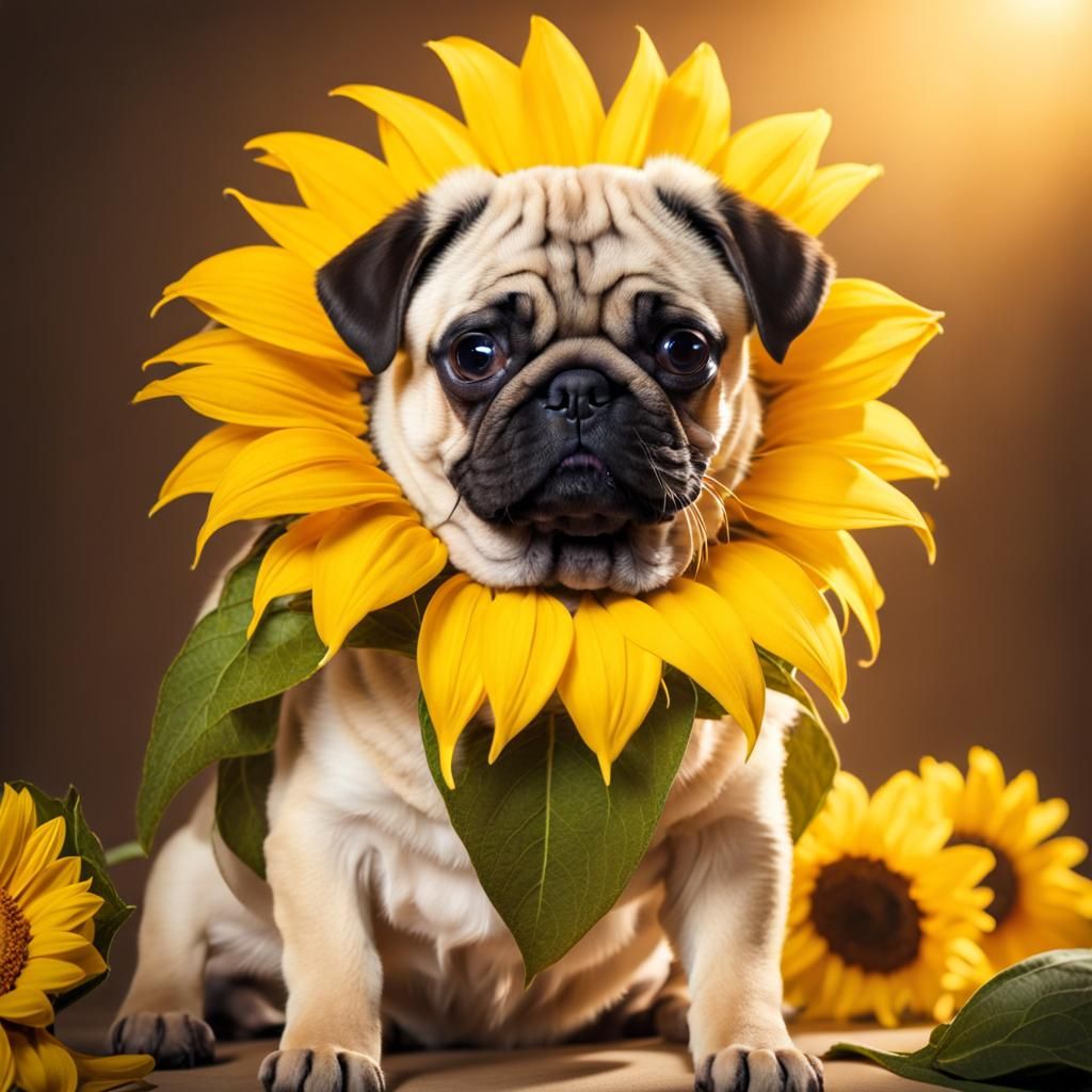 Adorable Pug Puppy in Sunflower Costume, Studio Photo
