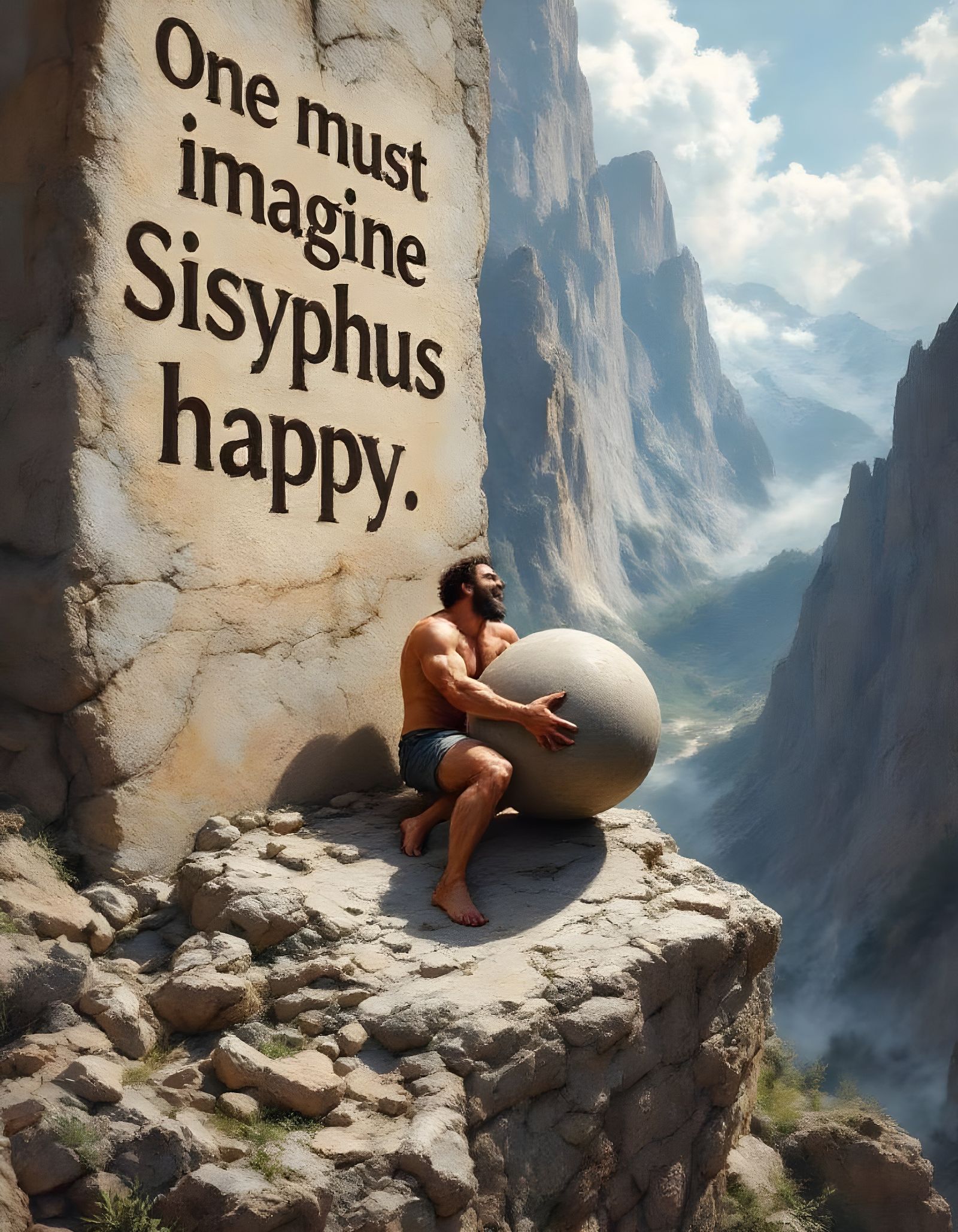 Sisyphus Rolls Stone with Stoic Resolve in Epic Oil Painting