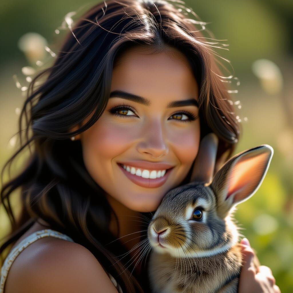 Woman Smiling with Rabbit in Sunlight: Cinematic Film Still