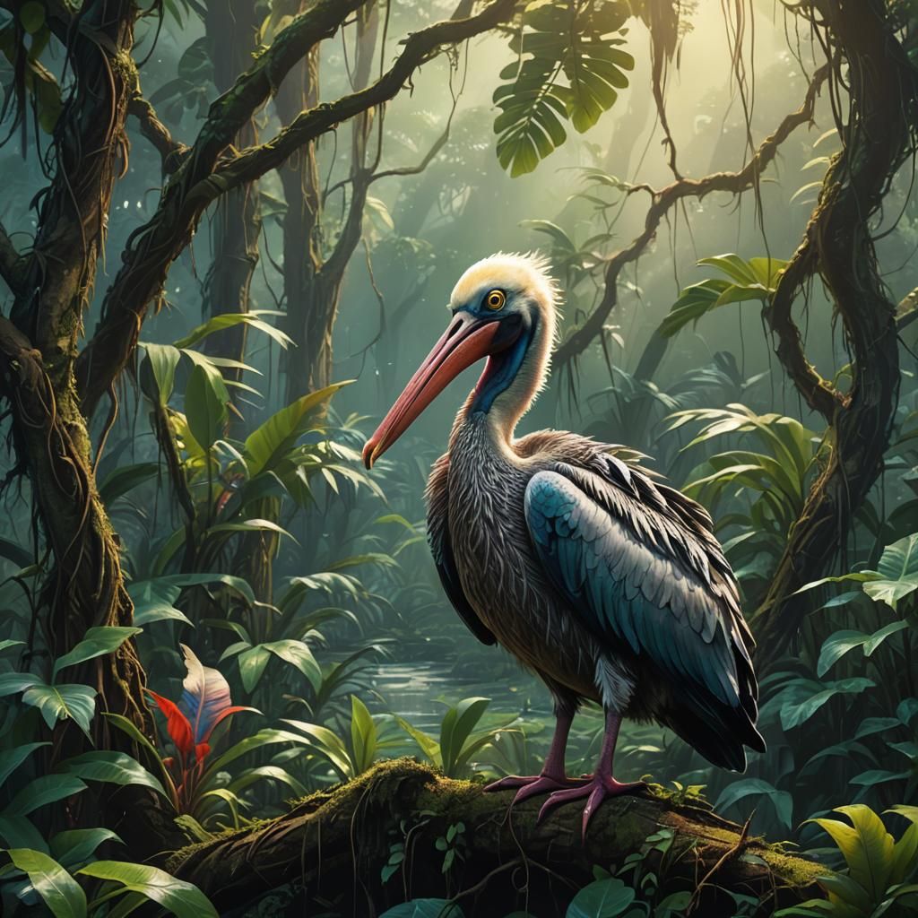 Baby Pelican in Jungle, Fantasy Concept Art