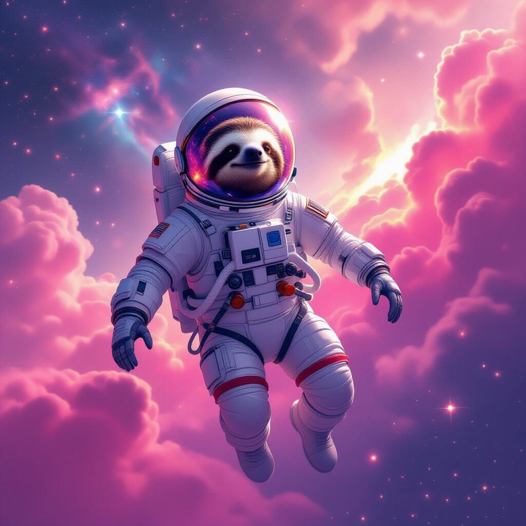 Sloth Astronaut Floating in Pink Cosmic Nebula