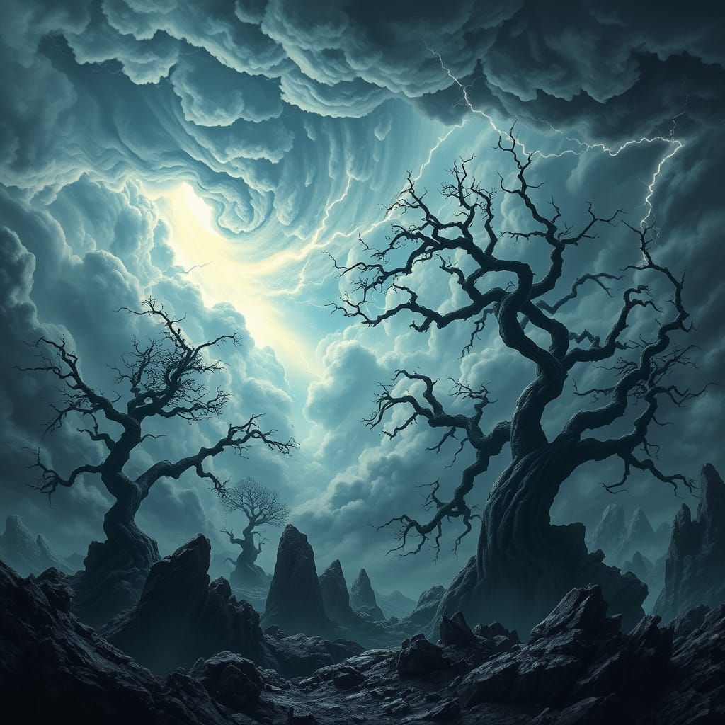 Mystical Ancient Landscape in a Turbulent Stormy Sky