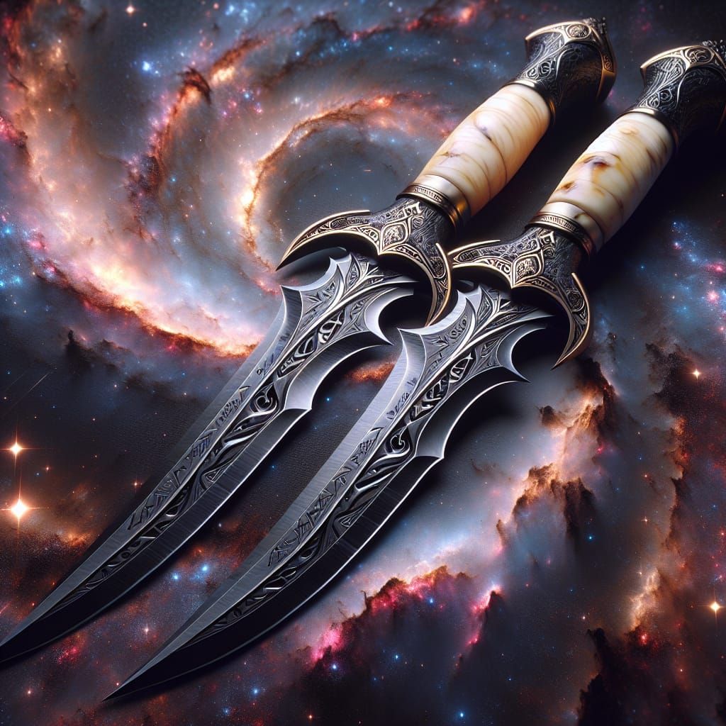 Ornate Daggers Against Cosmic Galaxy Background