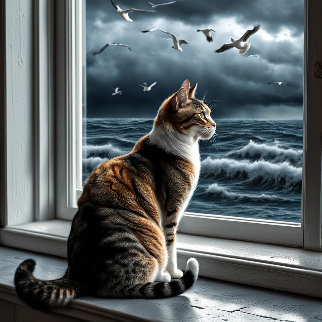 Cat Stares Intently at Stormy Seagulls: Hyperrealistic 3D Re...