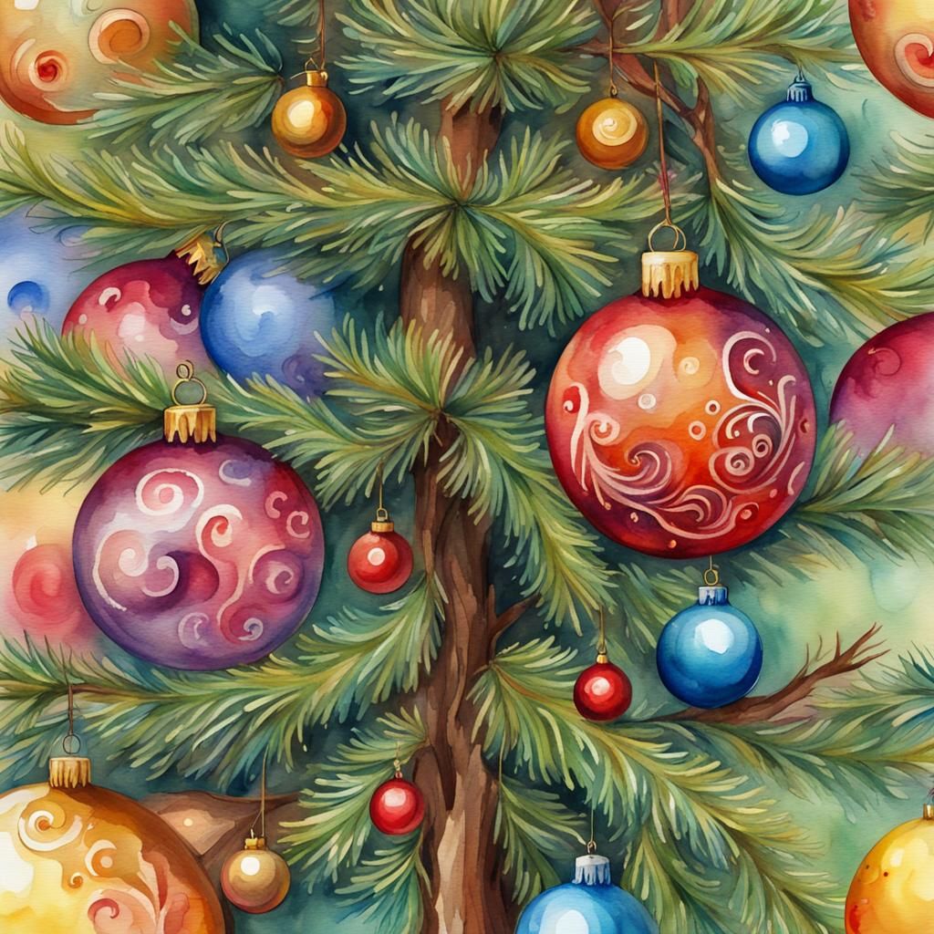 Watercolor Christmas Ornament on Tree Close-Up
