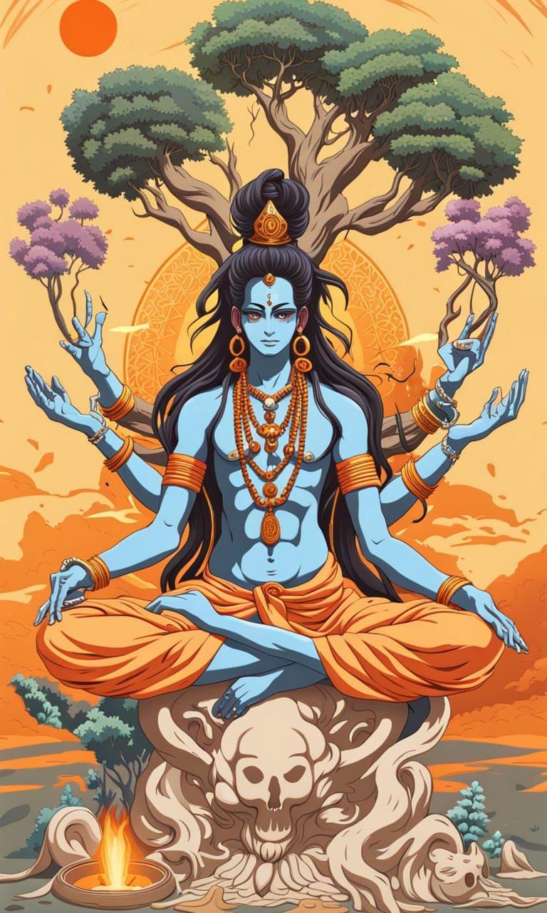 Anime Shiva in Alchemy Lab with Bonsai Trees