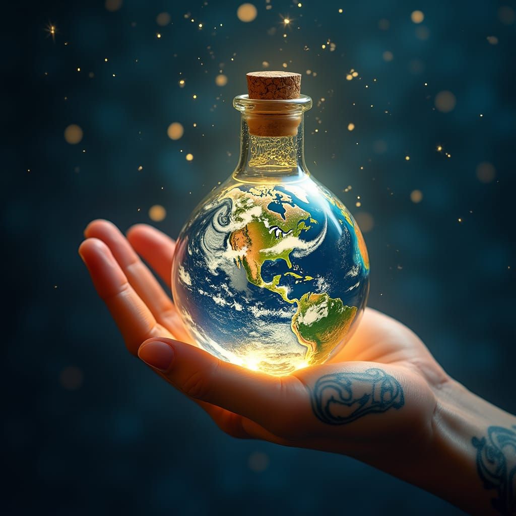 Ethereal Earth Held by Deity in Glass Bottle