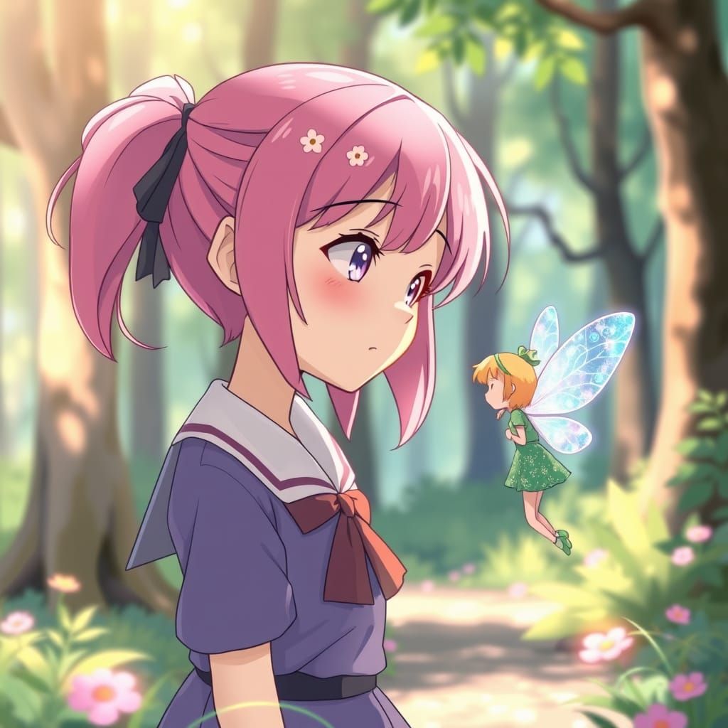 Anime Girl Meets Magical Fairy in Enchanted Forest