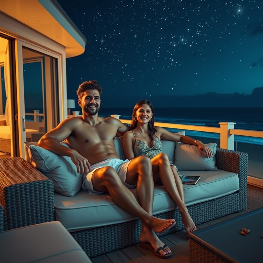 Happy Couple on Beachside Veranda under Starry Night