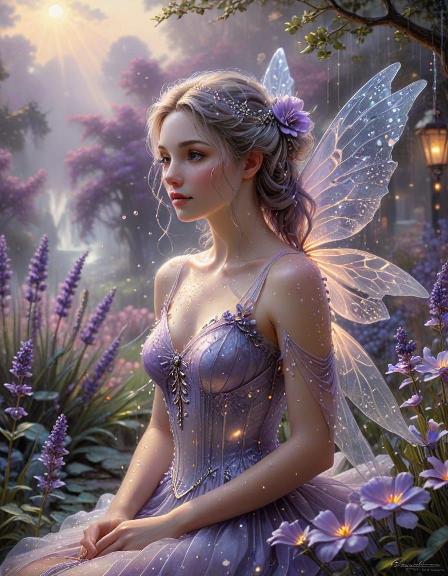 Ethereal Fairy Under Lavender Blossom With Dewdrops