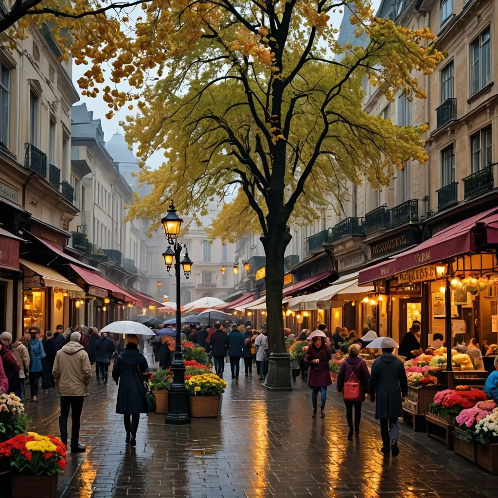 Rainy Day in a 16th-Century Square, in Van Gogh Style
