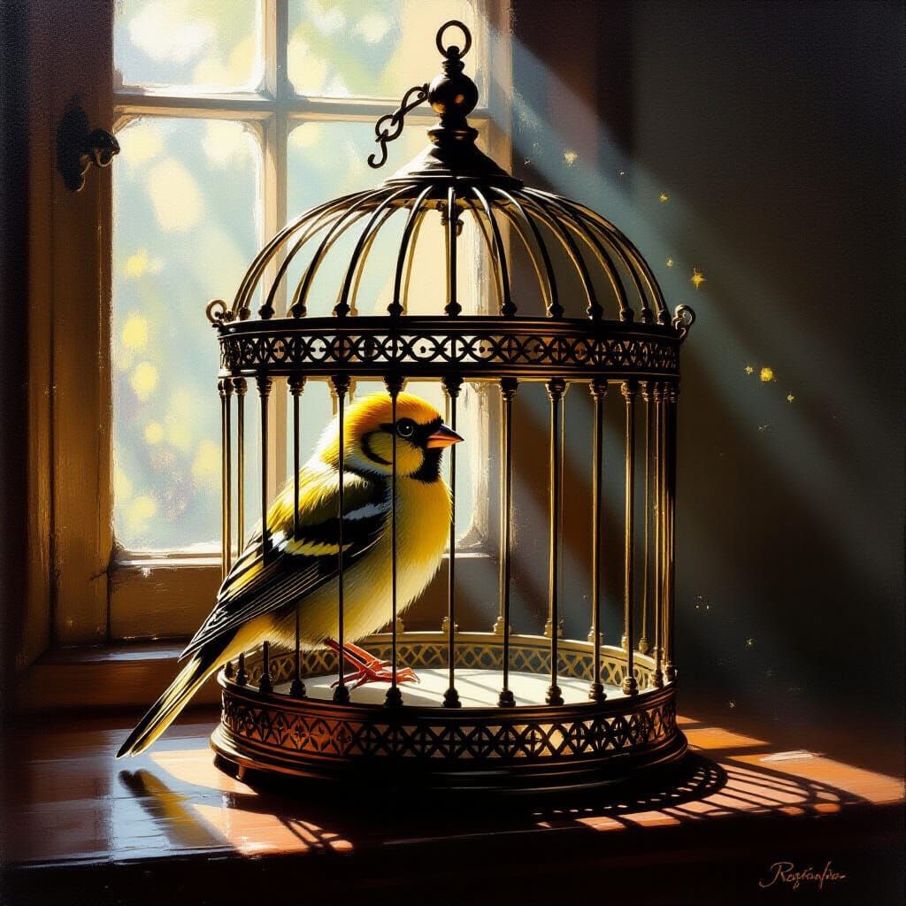 Victorian Canary in Ornate Cage, Melancholy Mood