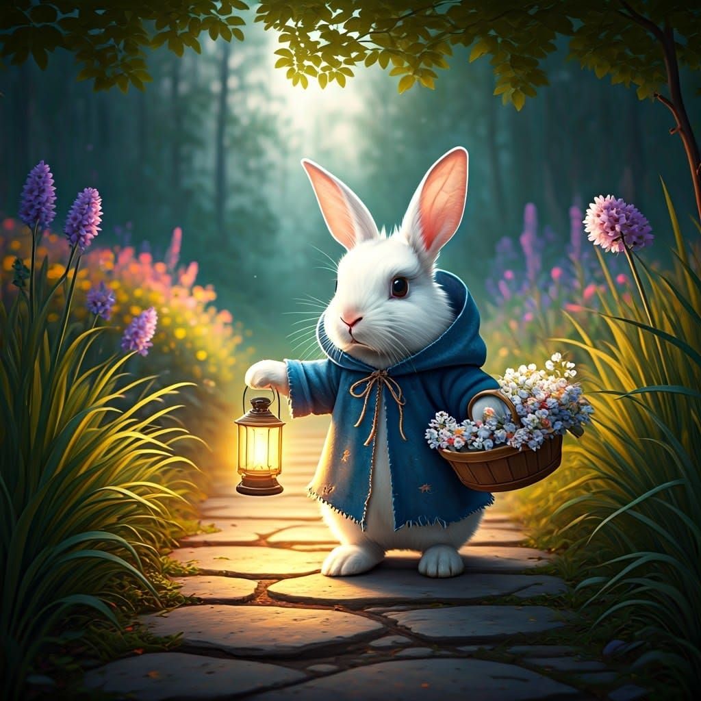 Enchanted Bunny in Forest Garden, Dreamlike Fairytale