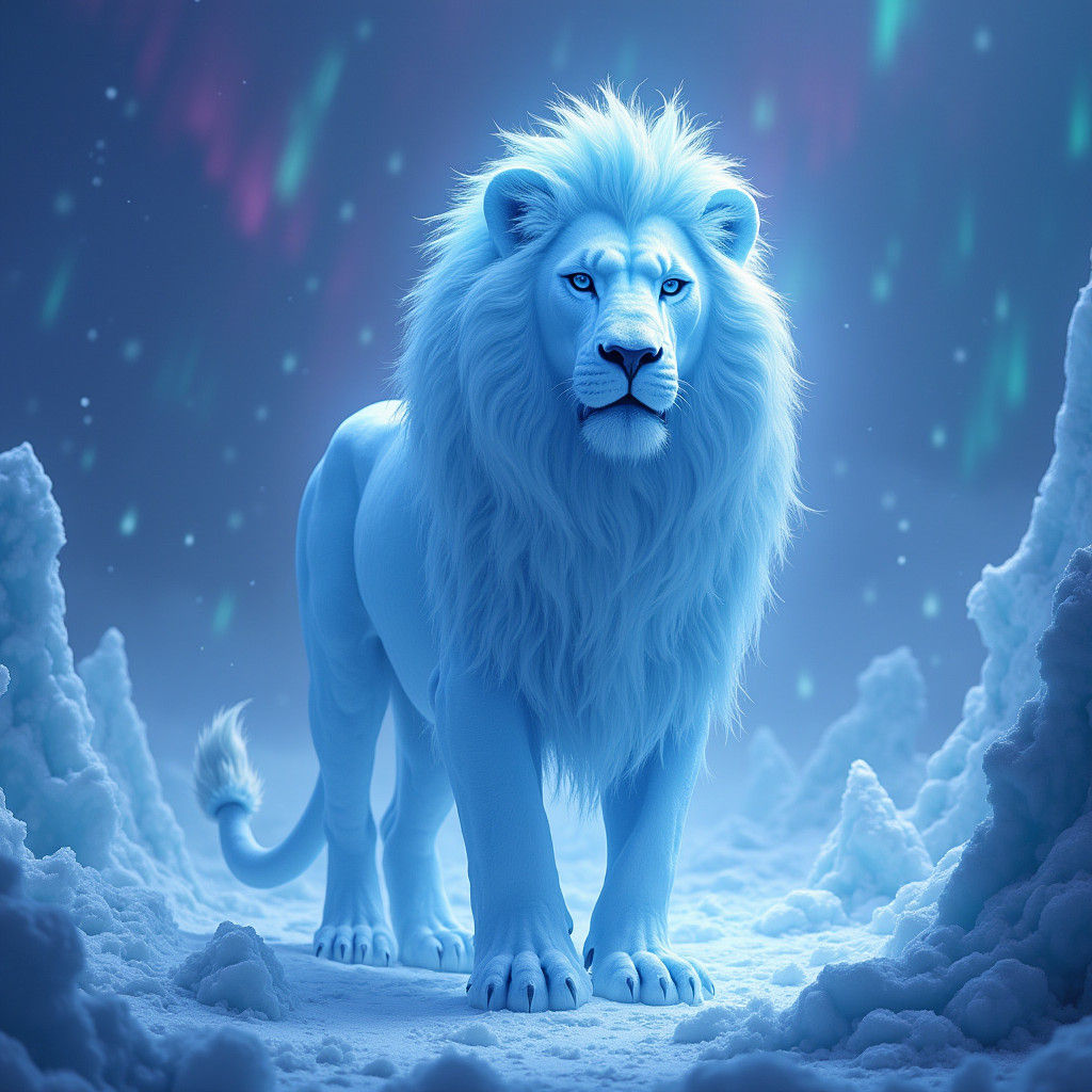 Majestic Ice Lion in Frozen Realm: Fantasy Art