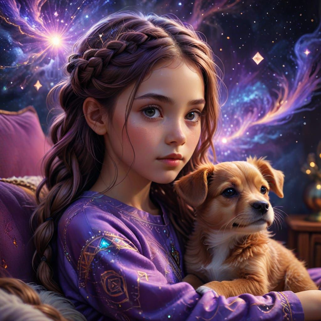 Girl with Puppy in Astral Cosmic Style
