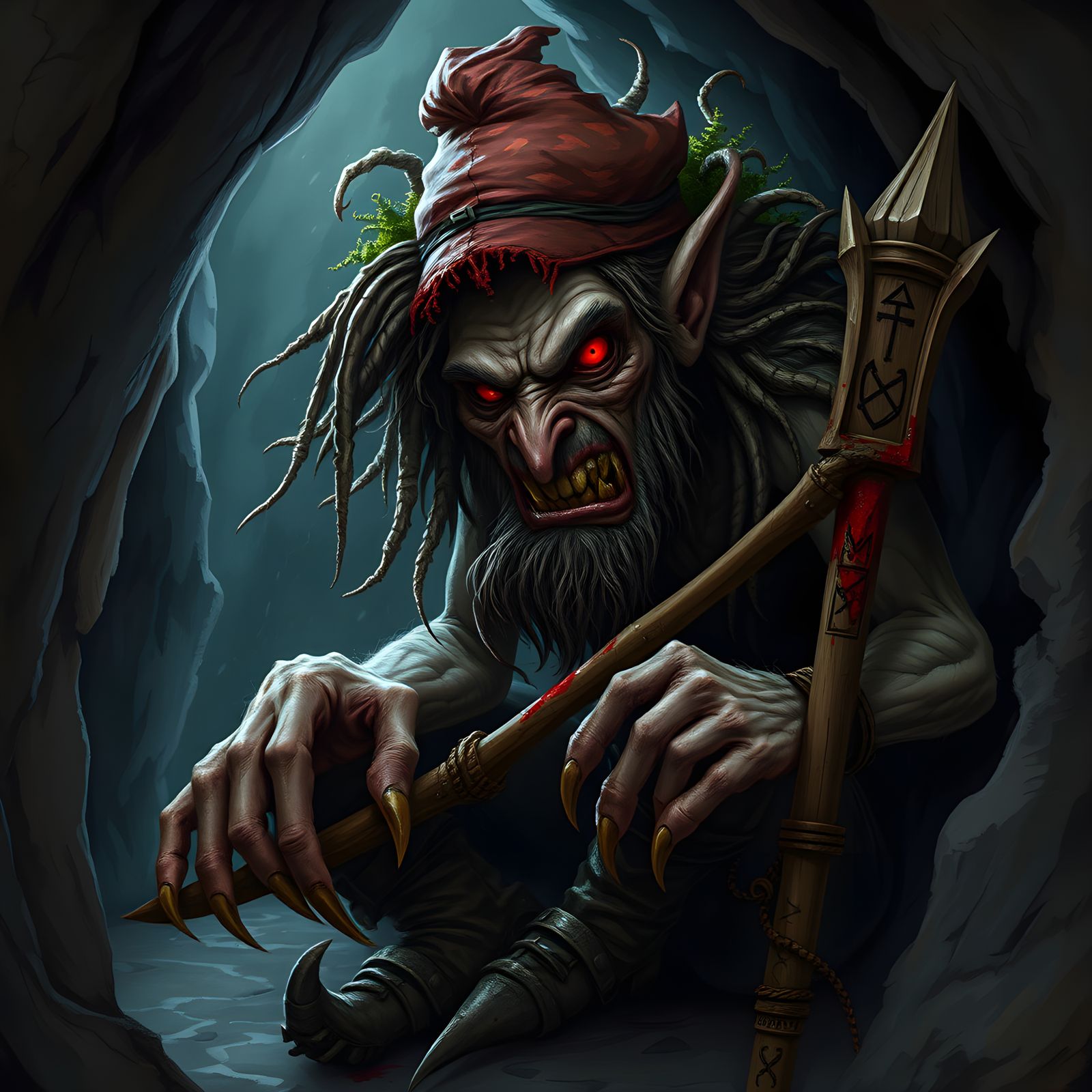 Grotesque Fey Creature in Cavern, Eerie Fairy Art