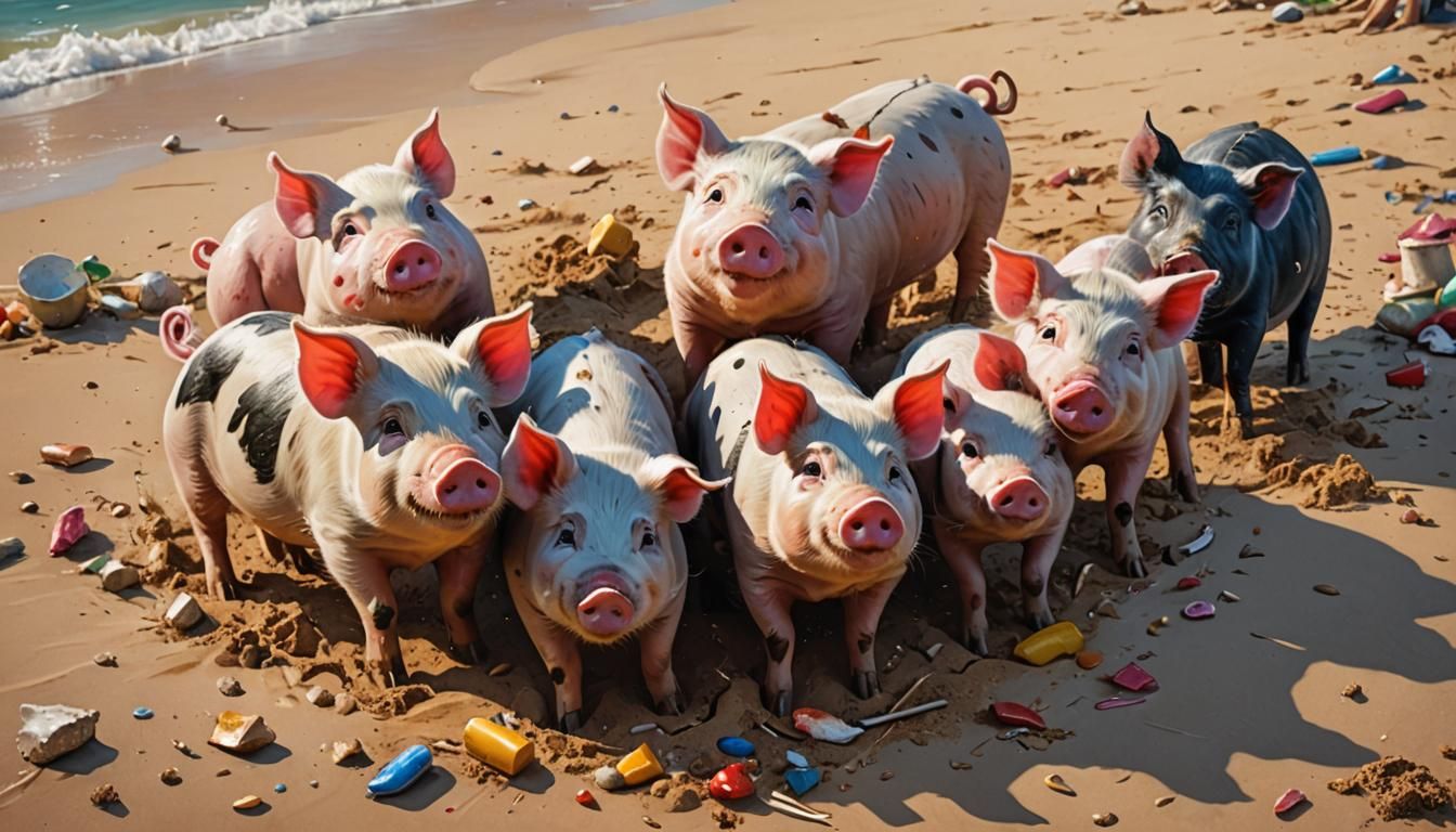 Happy Piglets Frolic on a Sunny Beach