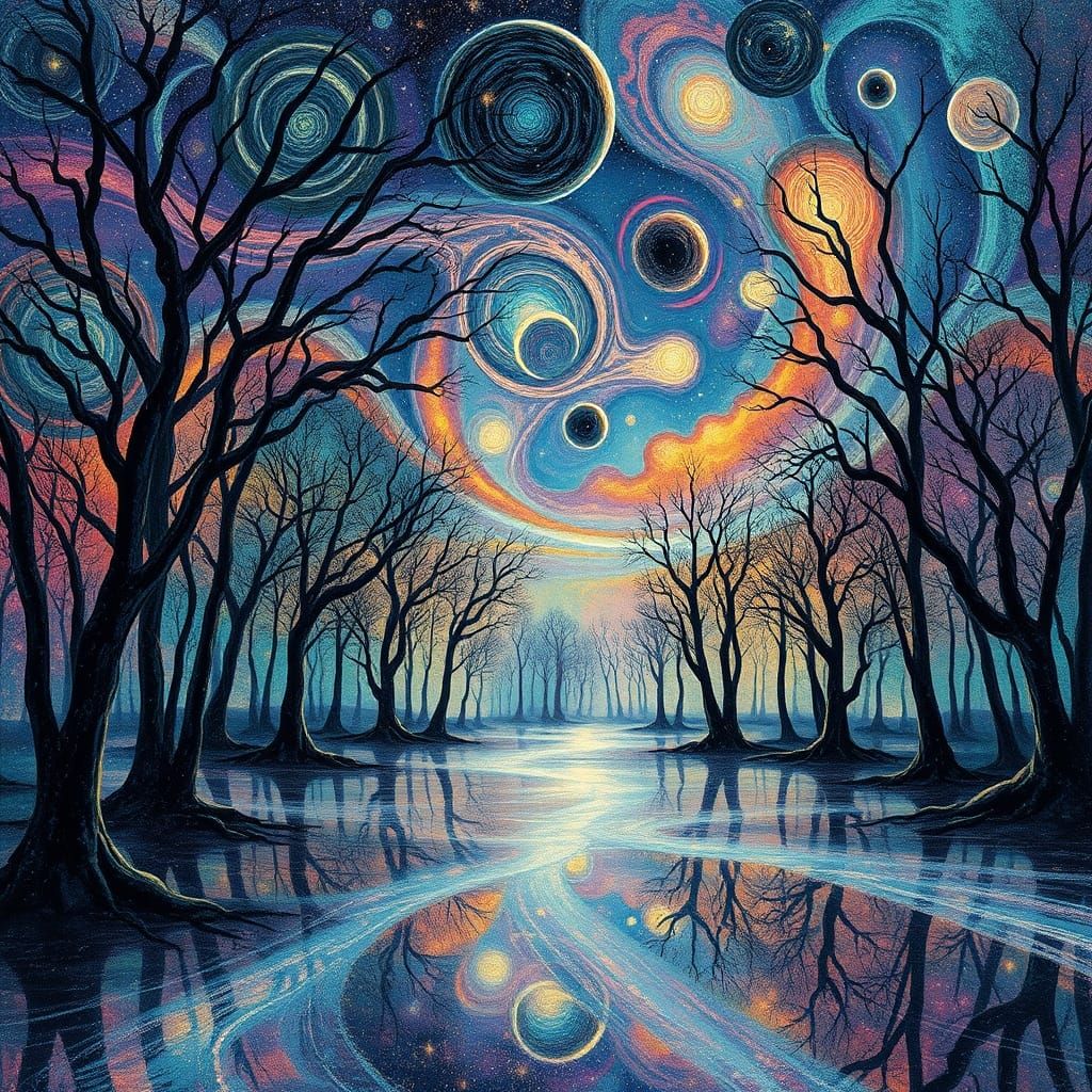 Cosmic Dust Nebula Trees in Surreal Landscape