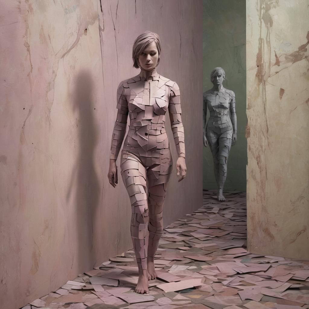 Surreal Female Figure in Liminal Space with Shadowy Figure