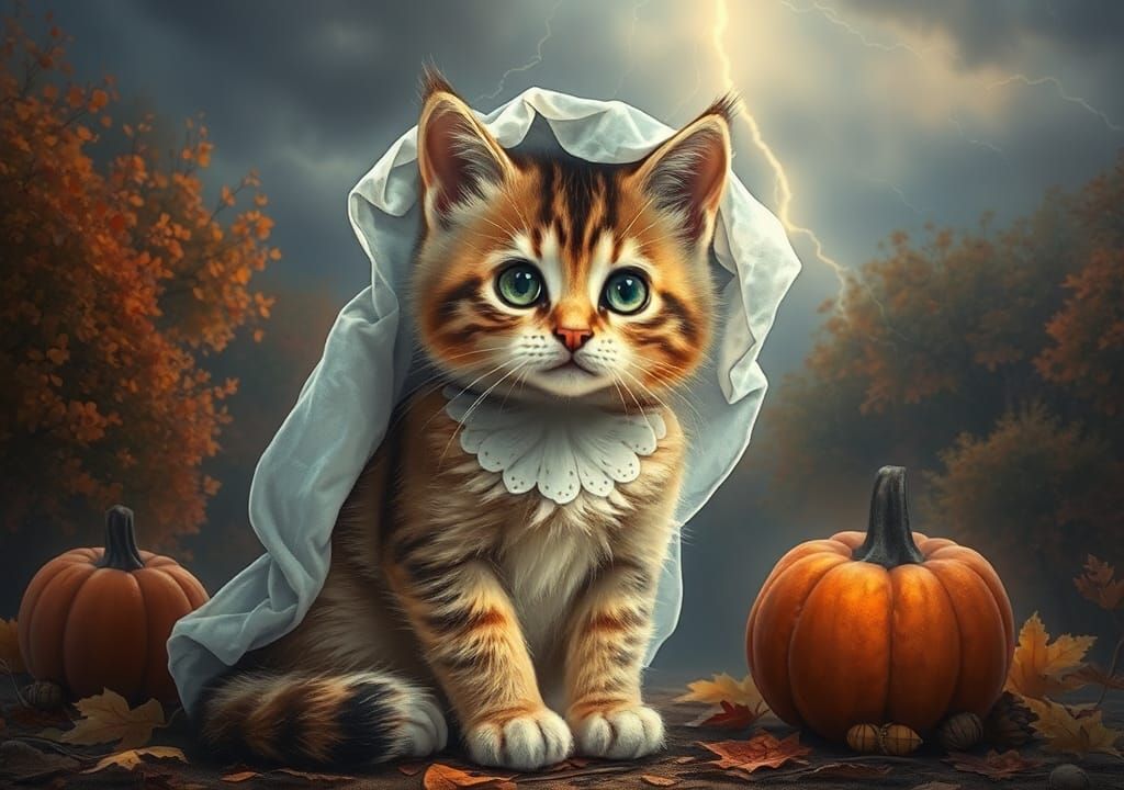 This kitten also wants to be a ghost, but like this, he looks like a bride...