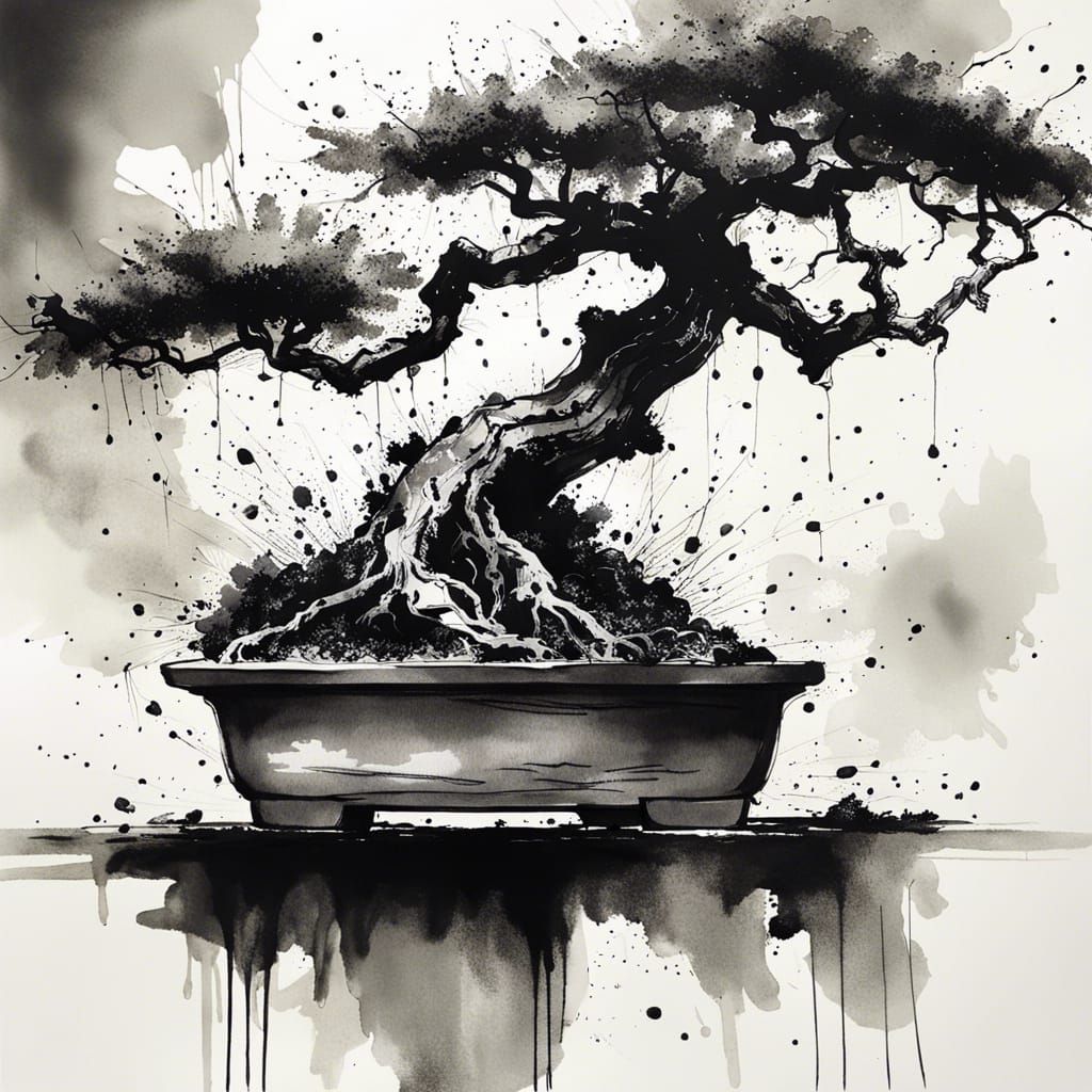 Monochrome Ink Painting of a Bonsai Tree