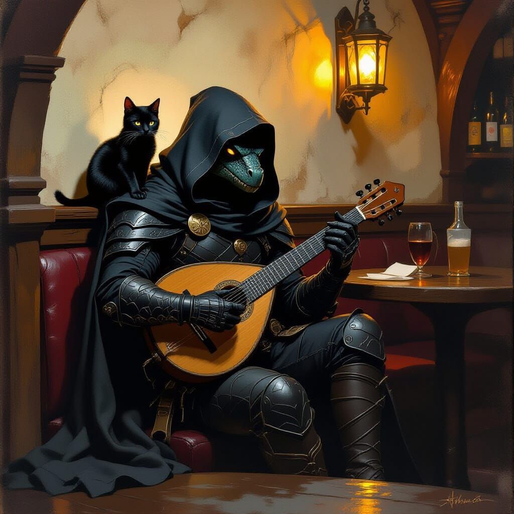 Black Dragonborn Bard with Cat in Dim Tavern, Dark Fantasy A...