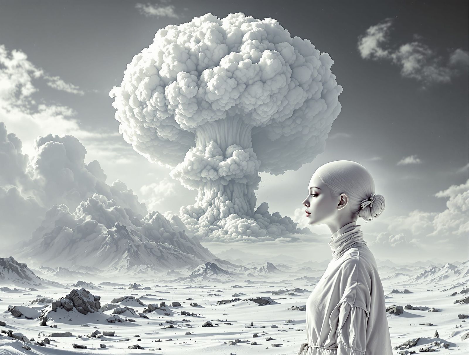 Monochromatic Nuclear Winter with Albino Woman: Digital Art