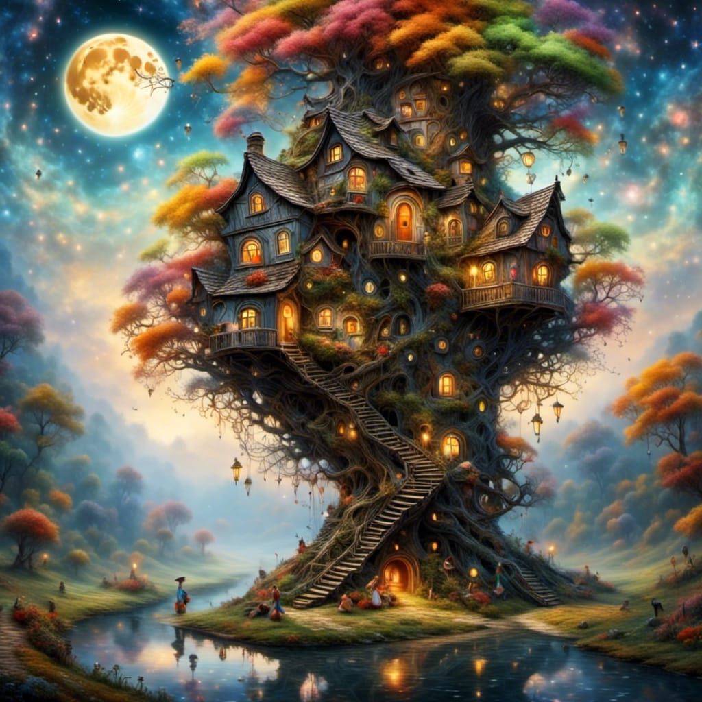 Fairies Build a Treehouse Under Moonlight