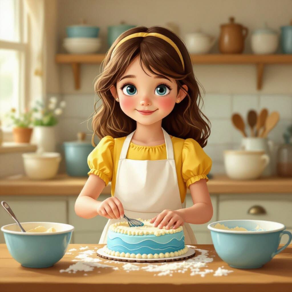 Girl Baking Lake Cake in Cozy Kitchen