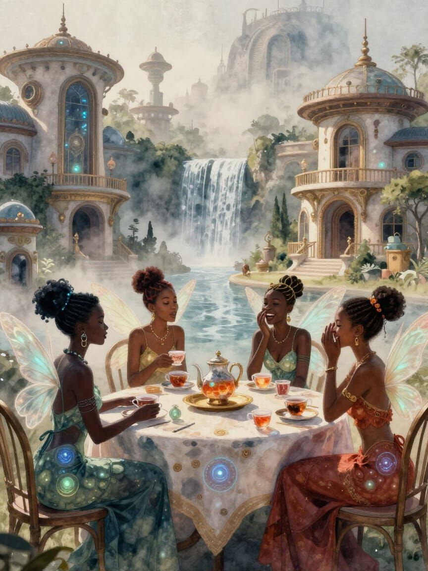 Fairies Gossiping Over Tea in Afrofuturist Mansions