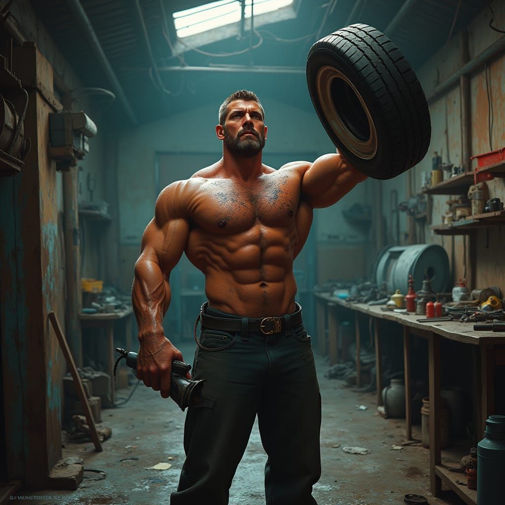 Muscular Mechanic in Gritty Garage Setting