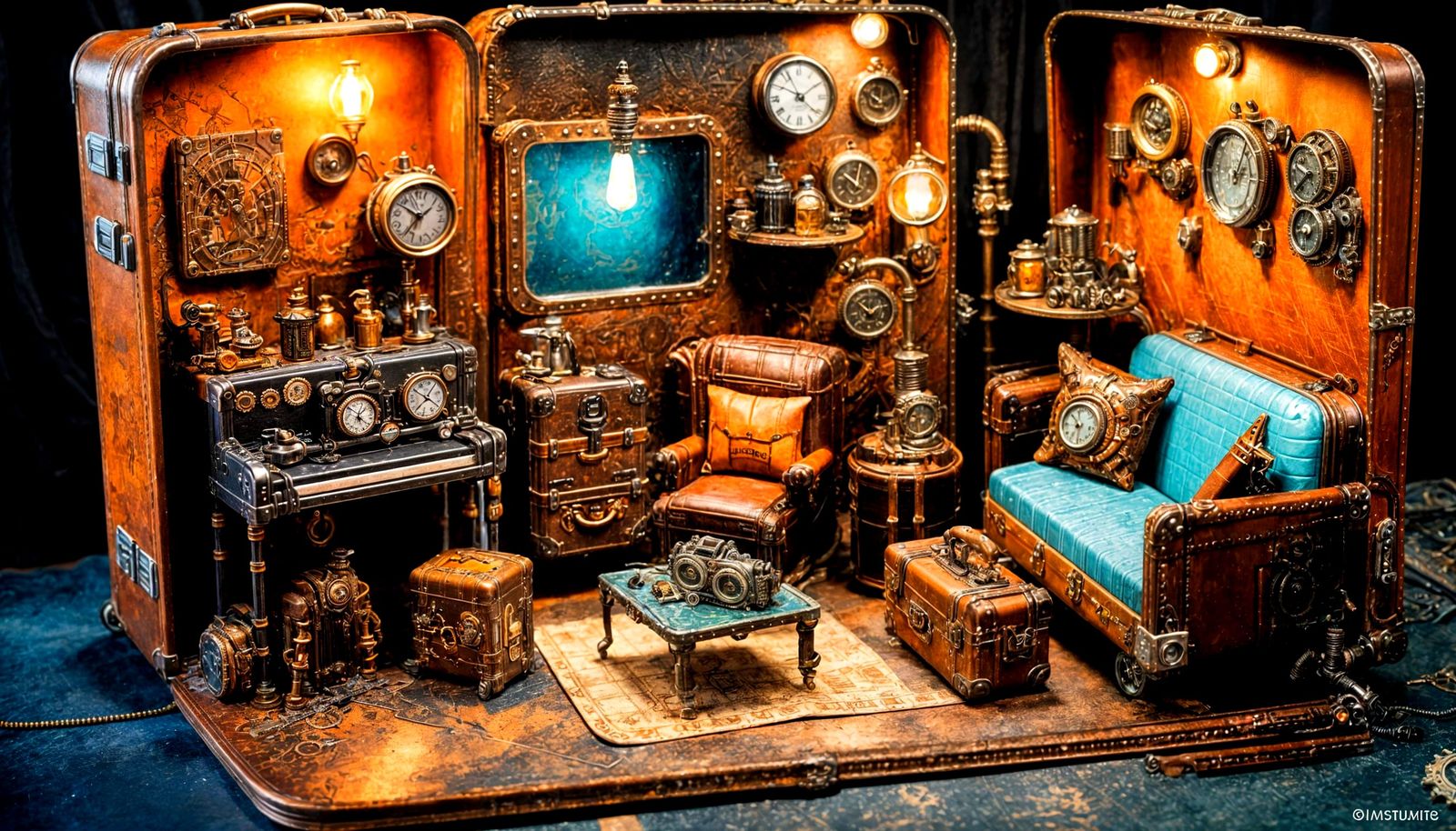 Steampunk Miniature Apartment in Open Suitcase Diorama