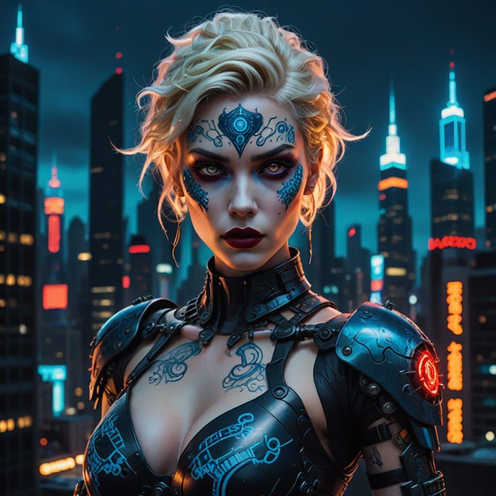 Cyberpunk Warrior in Neon Cityscape