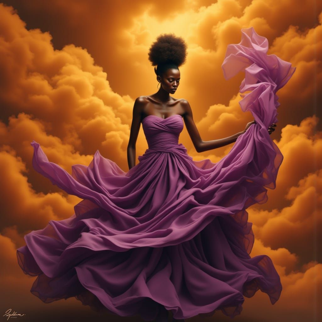 Elegant Woman in Purple Gown with Golden Clouds
