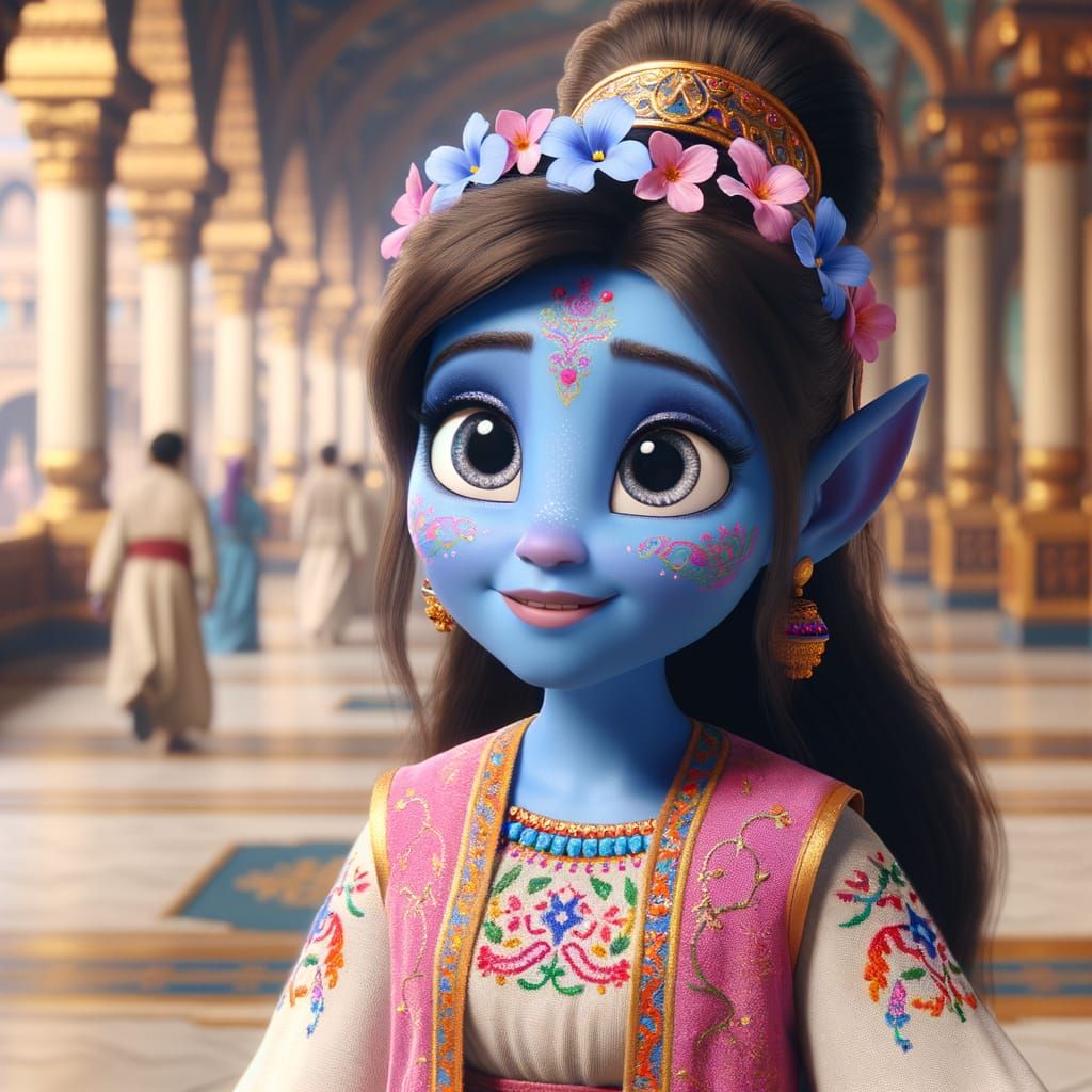 Vintage Animation Style Genie Lady with Blue Skin and Pink E...