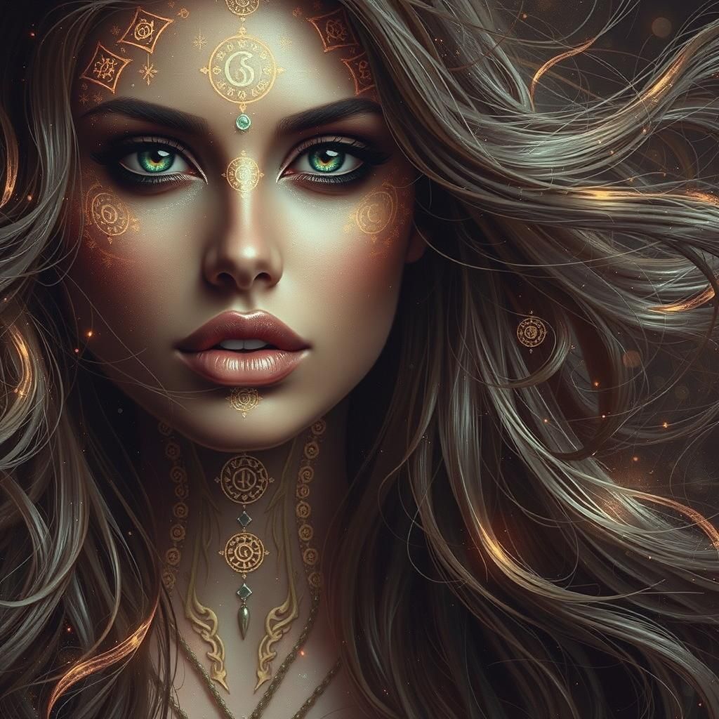 Druid Woman with Glowing Symbols in Ethereal Light