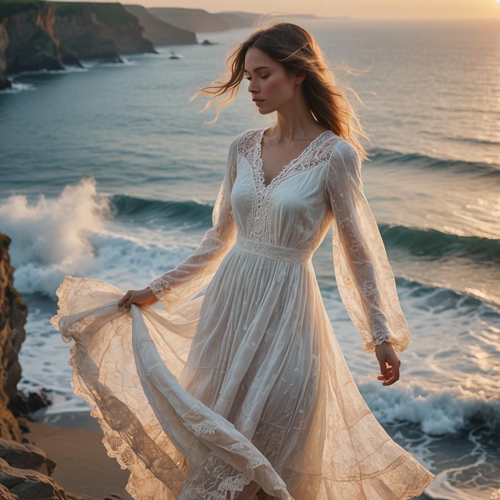 Woman at Ocean Cliff in Soft Impressionism