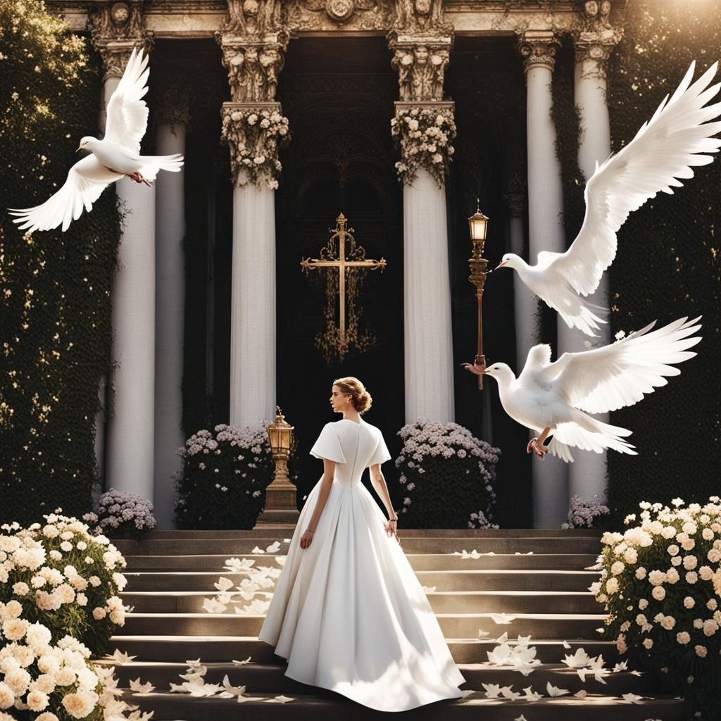 Surreal Garden Scene with Doves and Angel